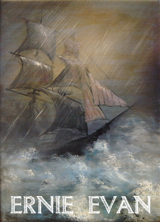 A painting of a ship on a stormy sea