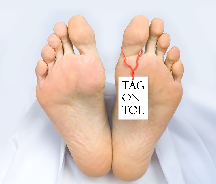 The bottoms of two feet with a tag on one of them
